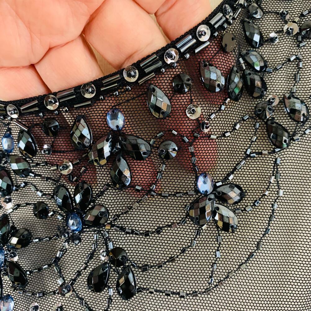 Patra Size 10 Illusion Jeweled Neck Draped Gown Dress Navy Blue Wedding Cocktail - Picture 9 of 14